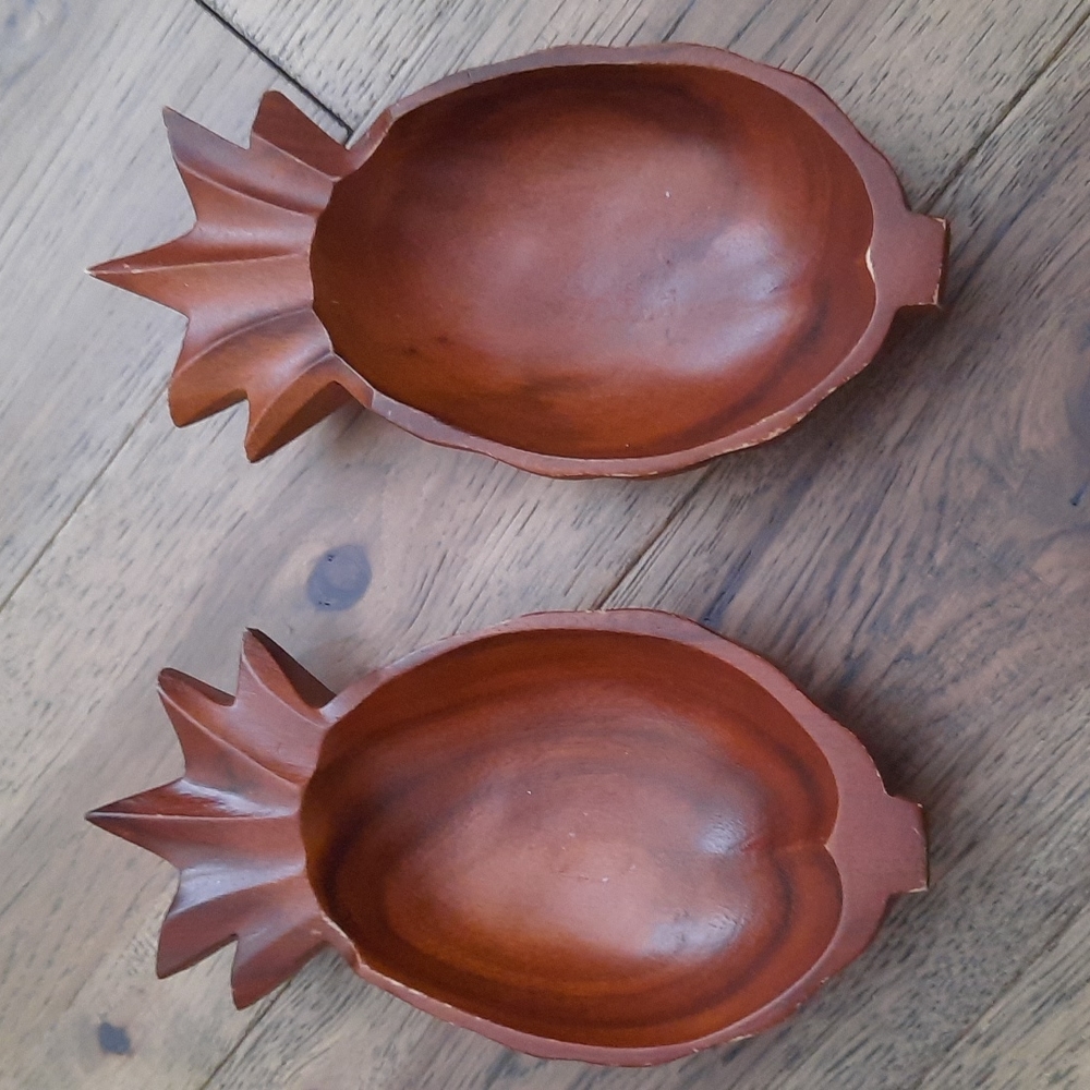 Carved Wooden Serving Pineapple Bowls Set of Two